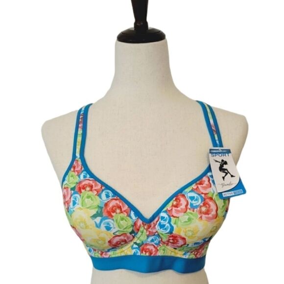 Youmita Sport Turquoise Floral Padded Active Tech Bra Size 38 D - Picture 1 of 8